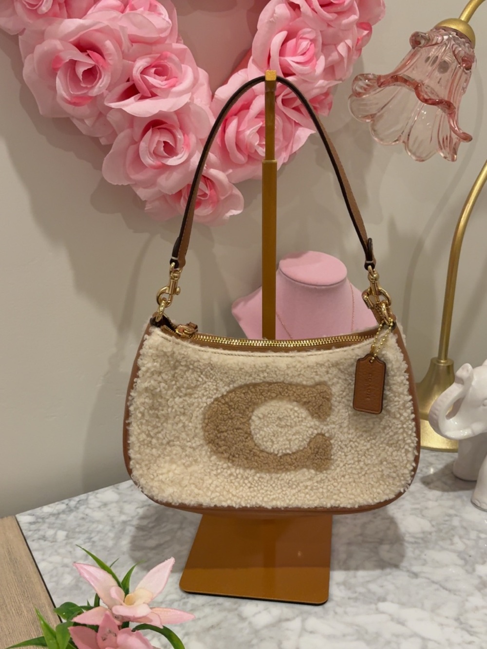 Coach Cream Shearling Shoulder Bag with Tan C Logo and Brown Trim